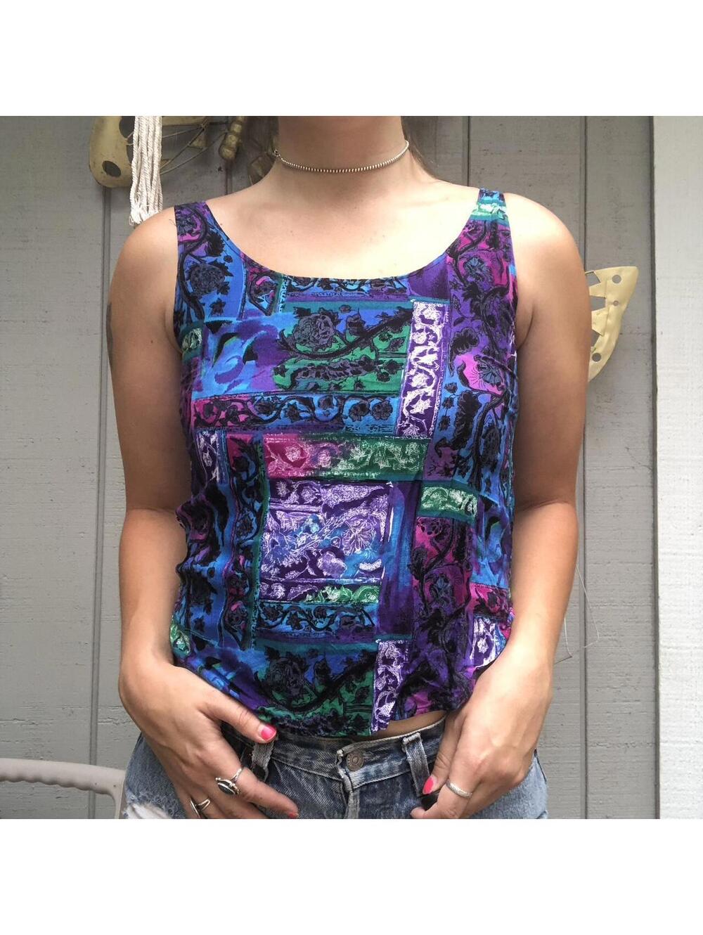 Vintage 90s Satin Purple Blue Blouse Top Judy Knapp S Retro Alt Hippie Festival